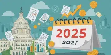Illustration of 2025 calendar with tax forms, investment charts, and dollar signs, representing upcoming tax code changes and their financial impact.