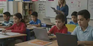 Diverse K-12 students engaged in modern classroom learning with technology.