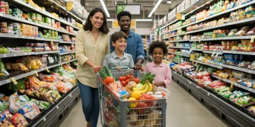 Family grocery shopping with full cart, symbolizing enhanced SNAP benefits and food security.