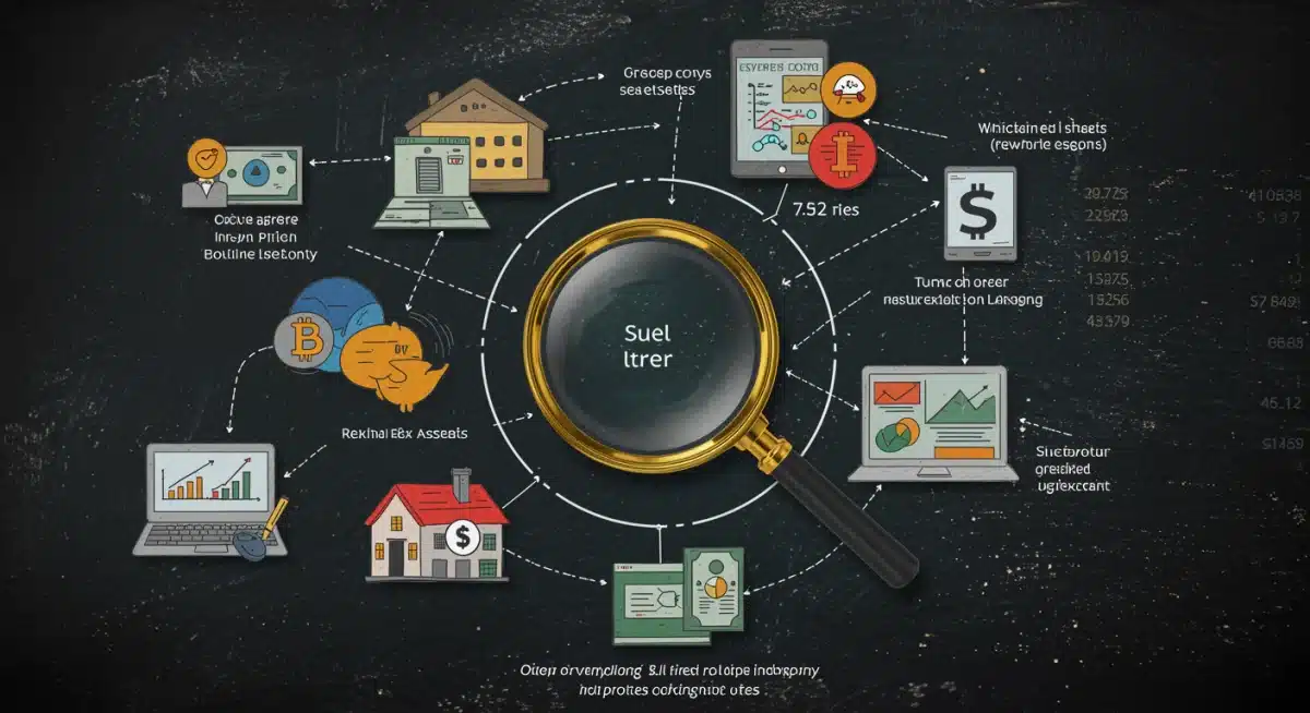 Diverse investment portfolio under a magnifying glass, illustrating various assets potentially affected by tax code changes.