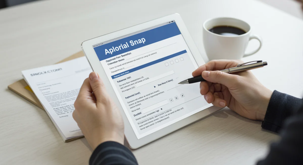 Person reviewing SNAP application form on a tablet, symbolizing careful documentation.