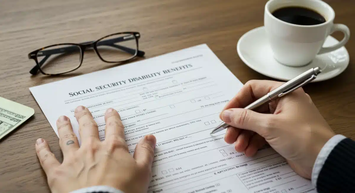 Hands filling out a Social Security Disability Benefits application form