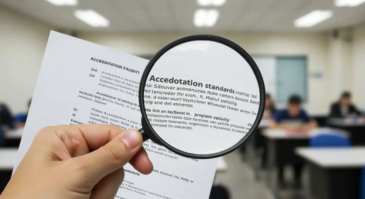 Magnifying glass examining accreditation standards document