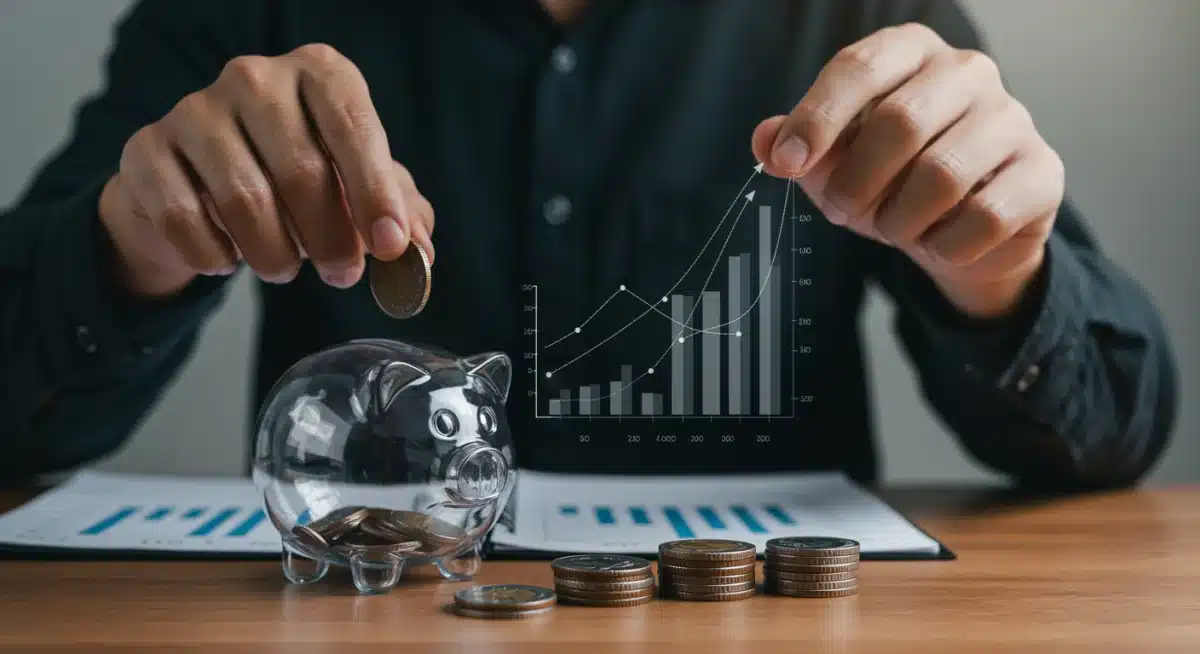 Hand putting coin into transparent piggy bank