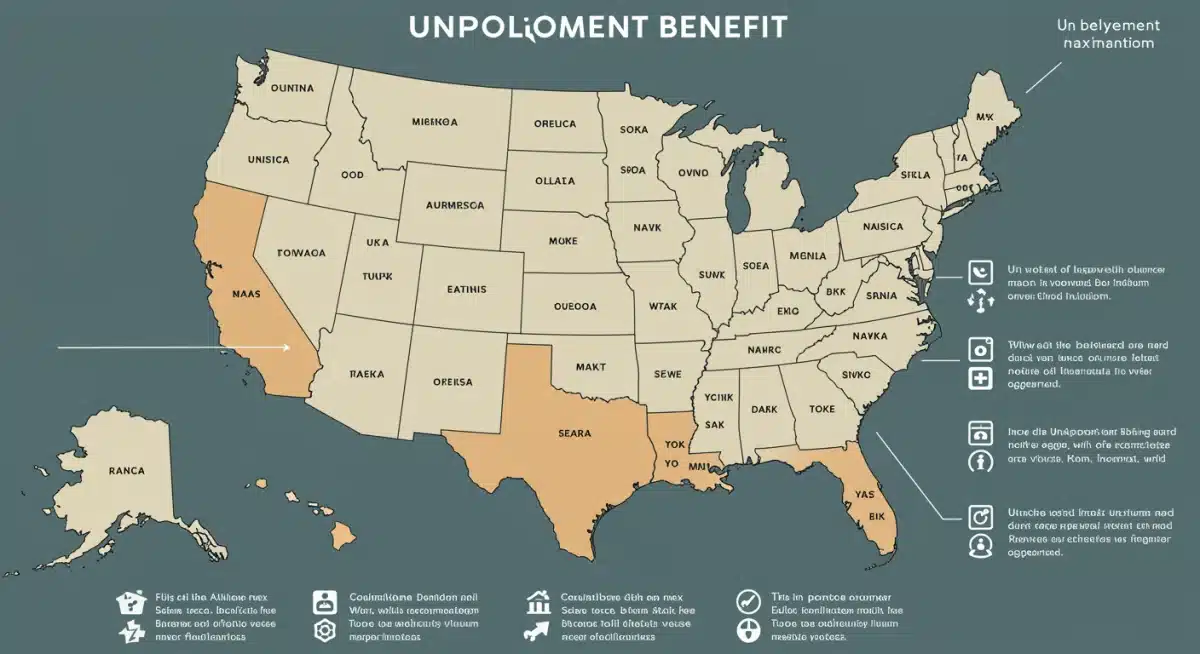 Infographic showing state-by-state unemployment benefit maximums and eligibility factors for 2025.