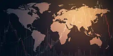 Stock market chart showing volatility with geopolitical map overlay