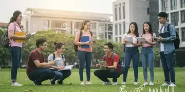 Students discussing federal student aid benefits and repayment options on a college campus.