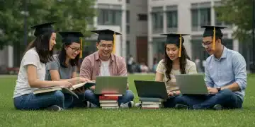 Students discussing higher education accreditation on a college campus