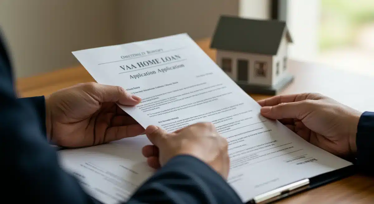 Hands reviewing VA home loan documents with a house model, symbolizing housing assistance for veterans.