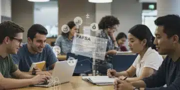 College students studying and discussing financial aid forms in a library