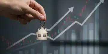 Hand holding house key with rising interest rate charts in background