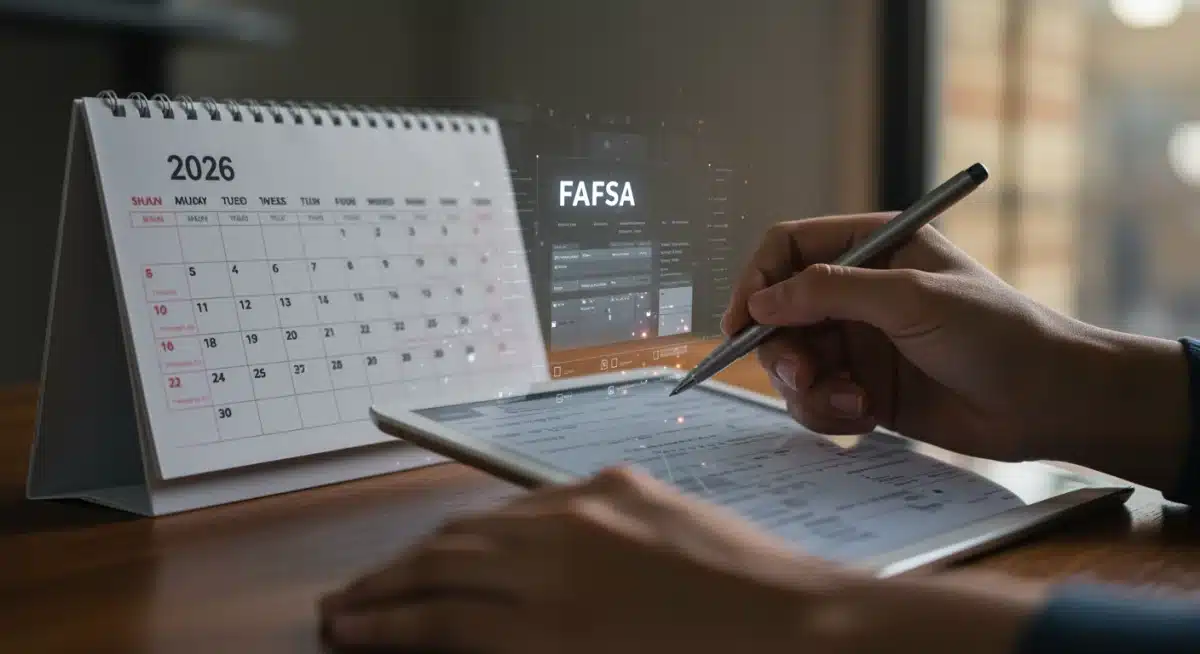 Hand completing FAFSA form on tablet, calendar in background, illustrating application process.