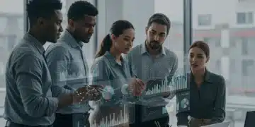 Professionals analyzing economic data and market trends on digital screens.