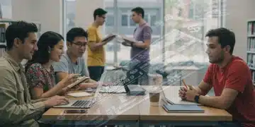 College students studying, surrounded by financial aid symbols, representing new FAFSA changes 2026.