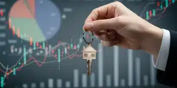 Hand holding house key against background of financial charts, symbolizing mortgage rate impact