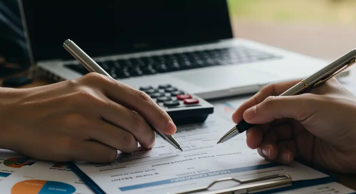 Person analyzing 529 plan documents with a calculator and laptop.