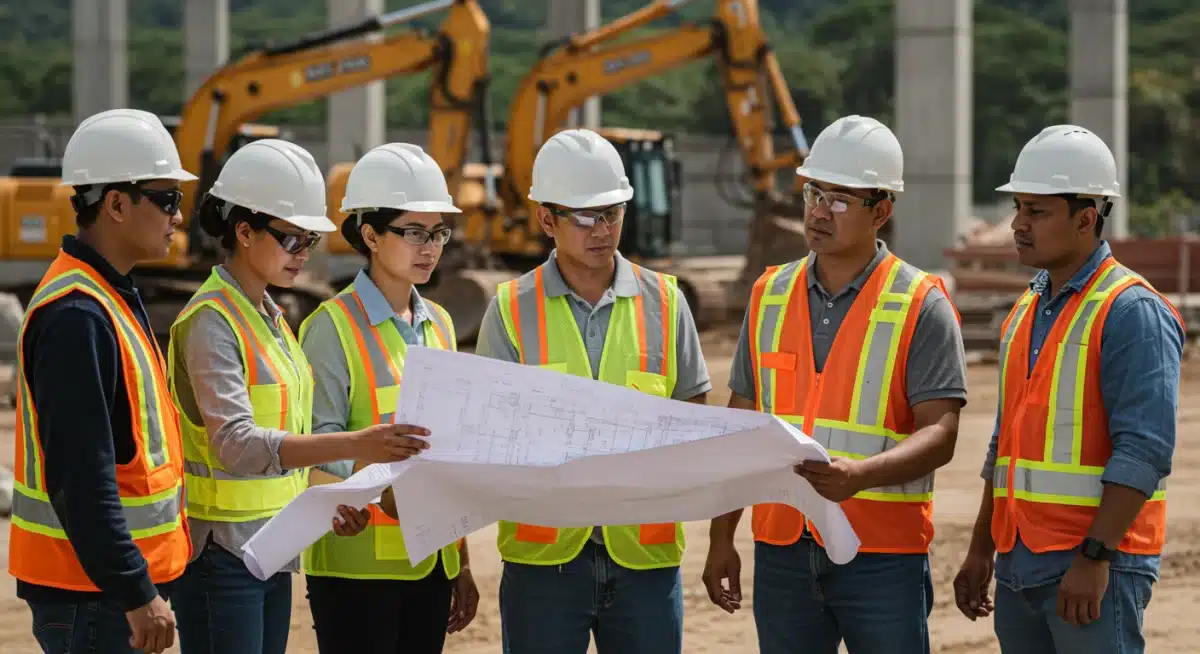 Diverse construction workers reviewing blueprints, symbolizing job creation from infrastructure investment.