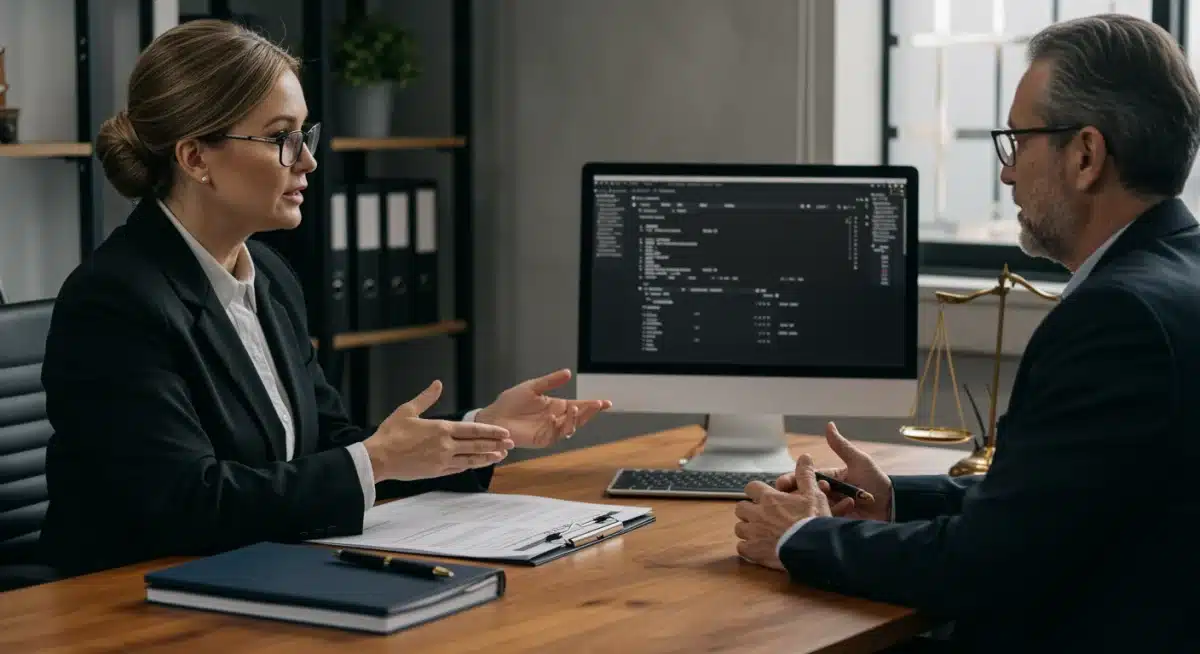 Disability advocate consulting with a client, reviewing legal documents regarding benefits claims.