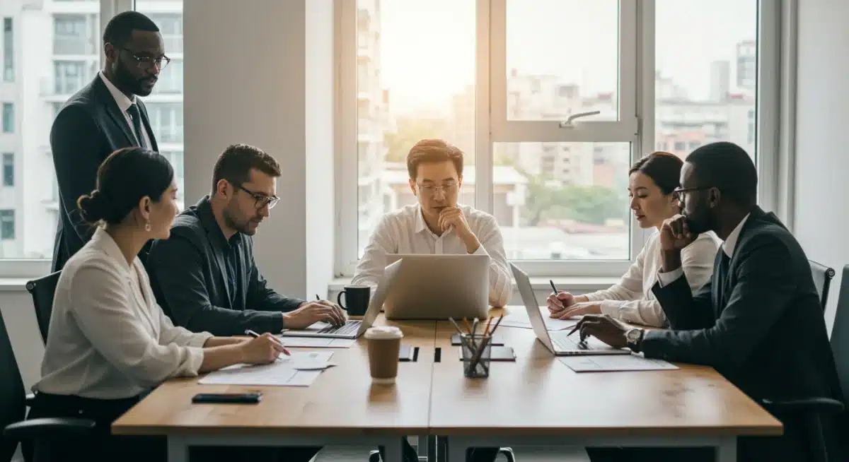 Professionals collaborating in a modern office, symbolizing a dynamic workforce and healthy labor market.