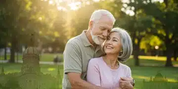 Smiling senior couple embracing outdoors, representing financial security and federal support.