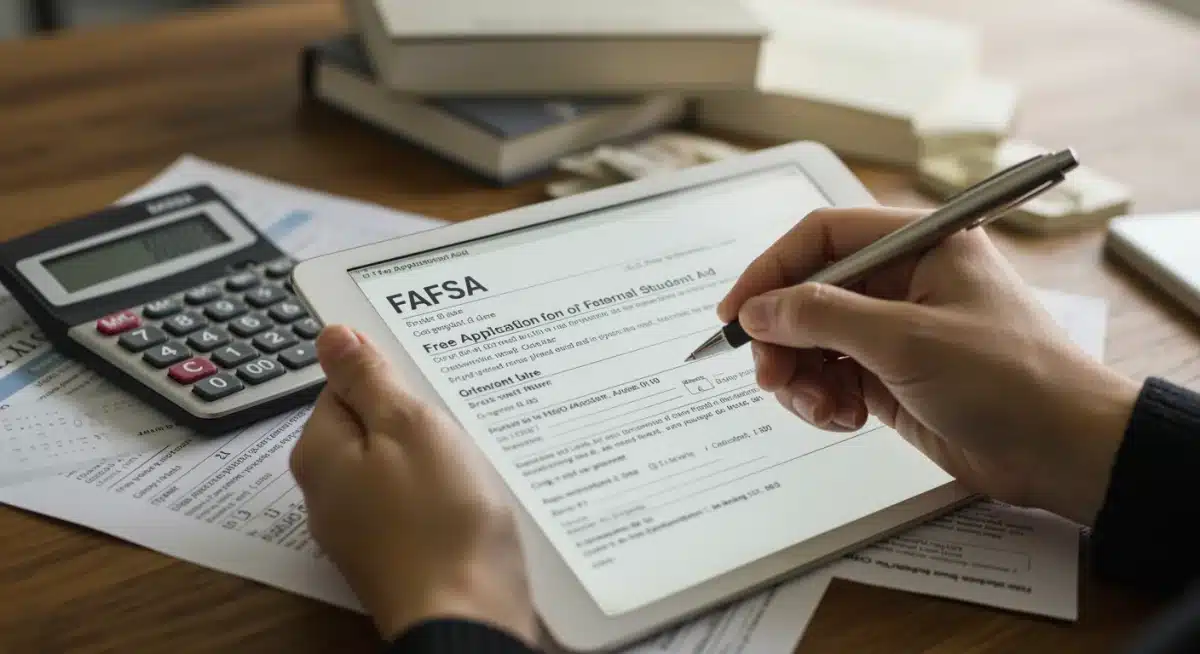 Person completing FAFSA form on tablet, symbolizing federal grant application process.
