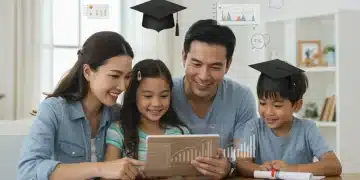 Family planning college savings with a tablet, showing financial charts and graduation caps.