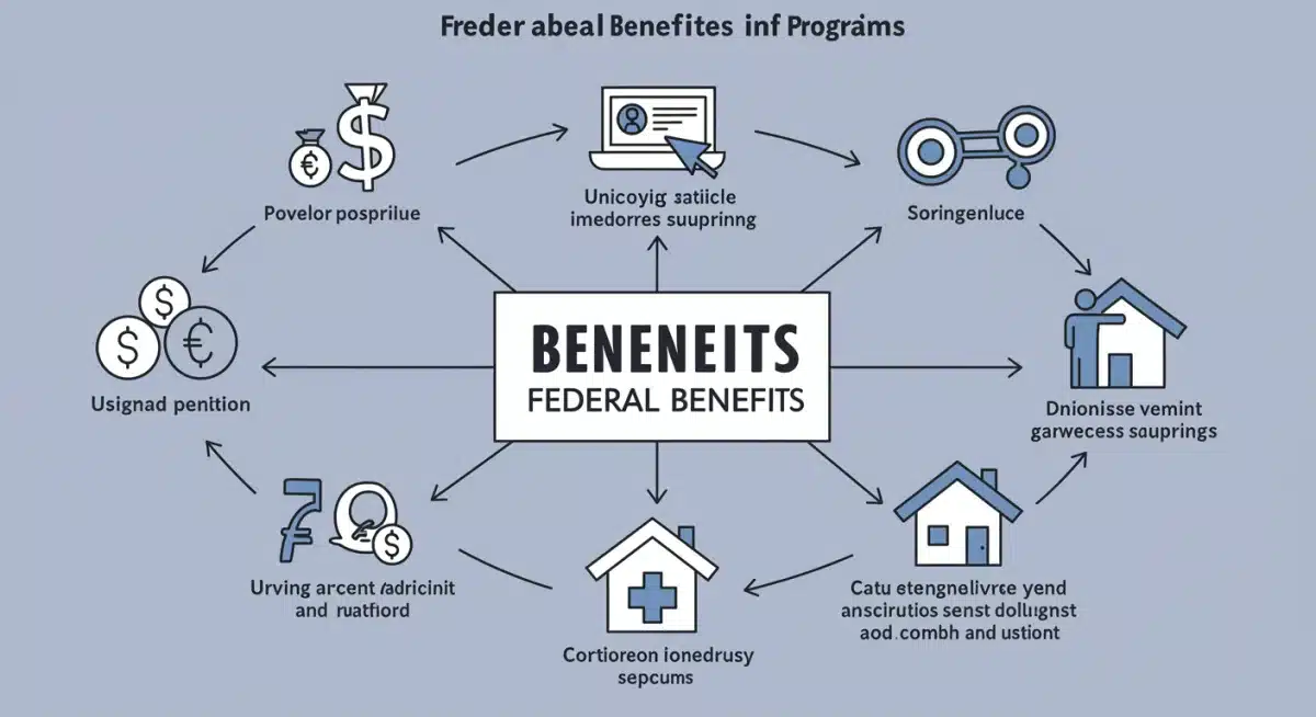 Infographic detailing interconnected federal benefit programs for seniors, showing financial, medical, and housing support.