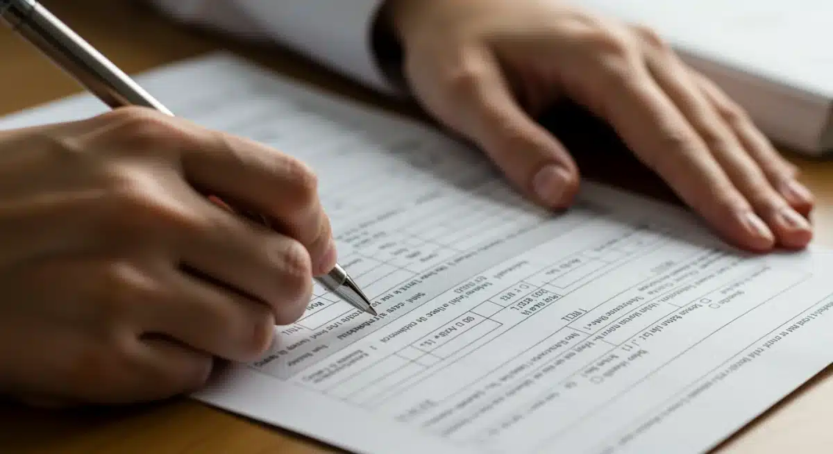 Hands meticulously filling out a disability benefits application form with medical records nearby.