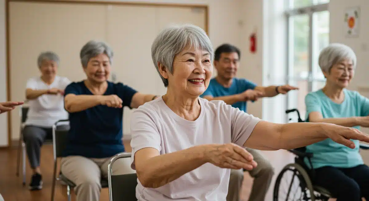 Diverse seniors enjoying community center activities, emphasizing social and wellness benefits.