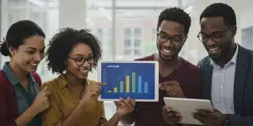 Relieved students celebrating student loan forgiveness success on a tablet.