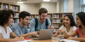 Students collaborating in a modern library, symbolizing federal education grant opportunities.