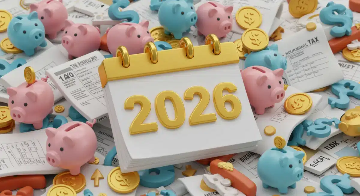 Calendar highlighting 2026 with financial symbols, representing future tax deadlines and planning for CARES Act withdrawals.