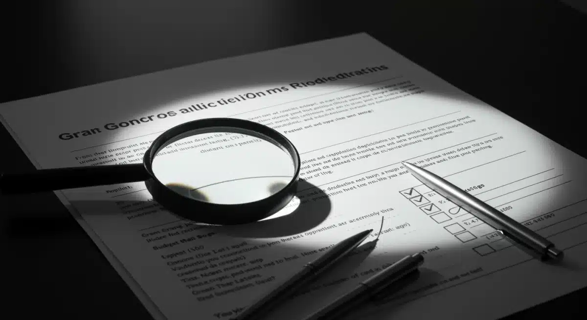 Magnifying glass over grant application form, detailing requirements for federal funding.