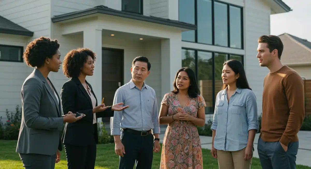 Diverse group discussing real estate market trends and investment strategies