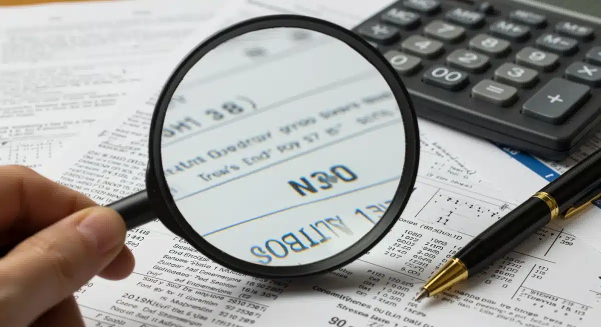 Magnifying glass examining Social Security tax documents and financial statements