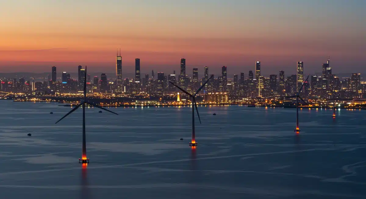 Sustainable urban future powered by renewable energy, featuring a city skyline with wind and solar.
