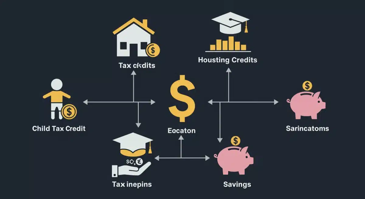 Infographic showing various tax credit icons leading to a dollar sign