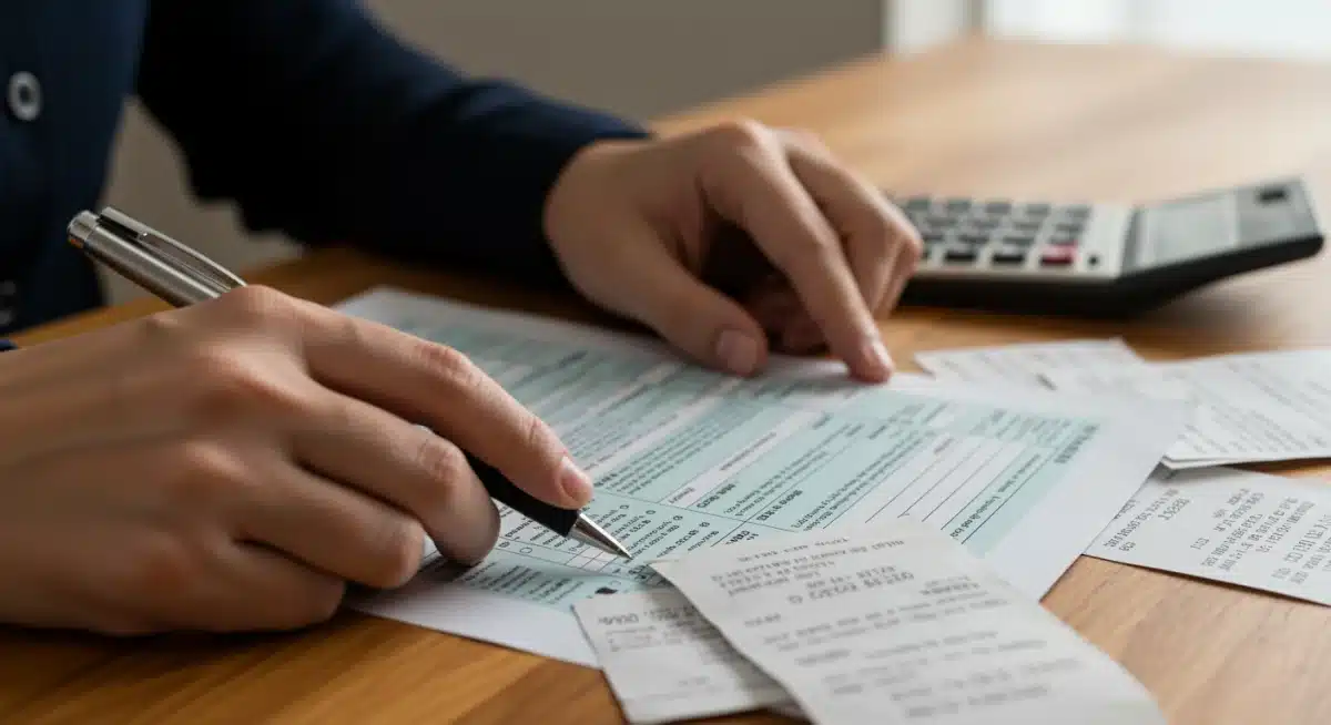Hands meticulously filling out a tax form for credit claims