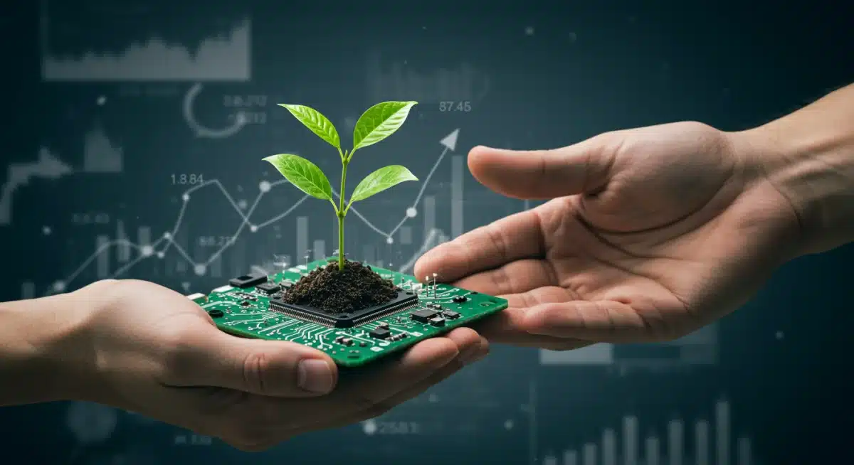 Technological innovation and sustainable growth, represented by a sapling on a circuit board.