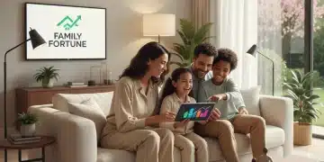 Happy family with two children reviewing financial documents on a tablet, symbolizing the benefits of the Child Tax Credit 2026.