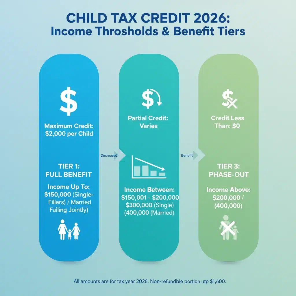 Infographic showing Child Tax Credit 2026 income limits and benefit tiers for families.