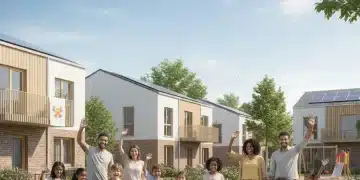Families smiling in front of new affordable federal housing units