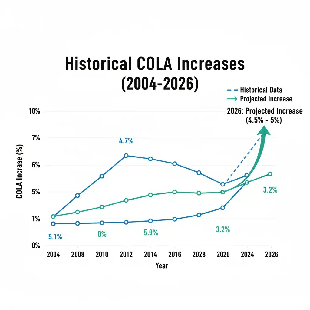 Historical COLA increase graph showing past trends and projected 2026 adjustment