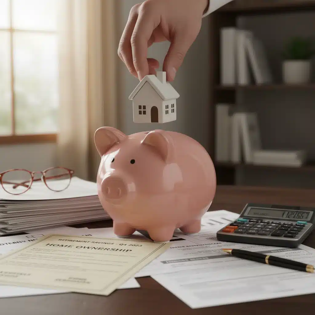 Hand putting a house model into a piggy bank, illustrating long-term retirement savings and investment.
