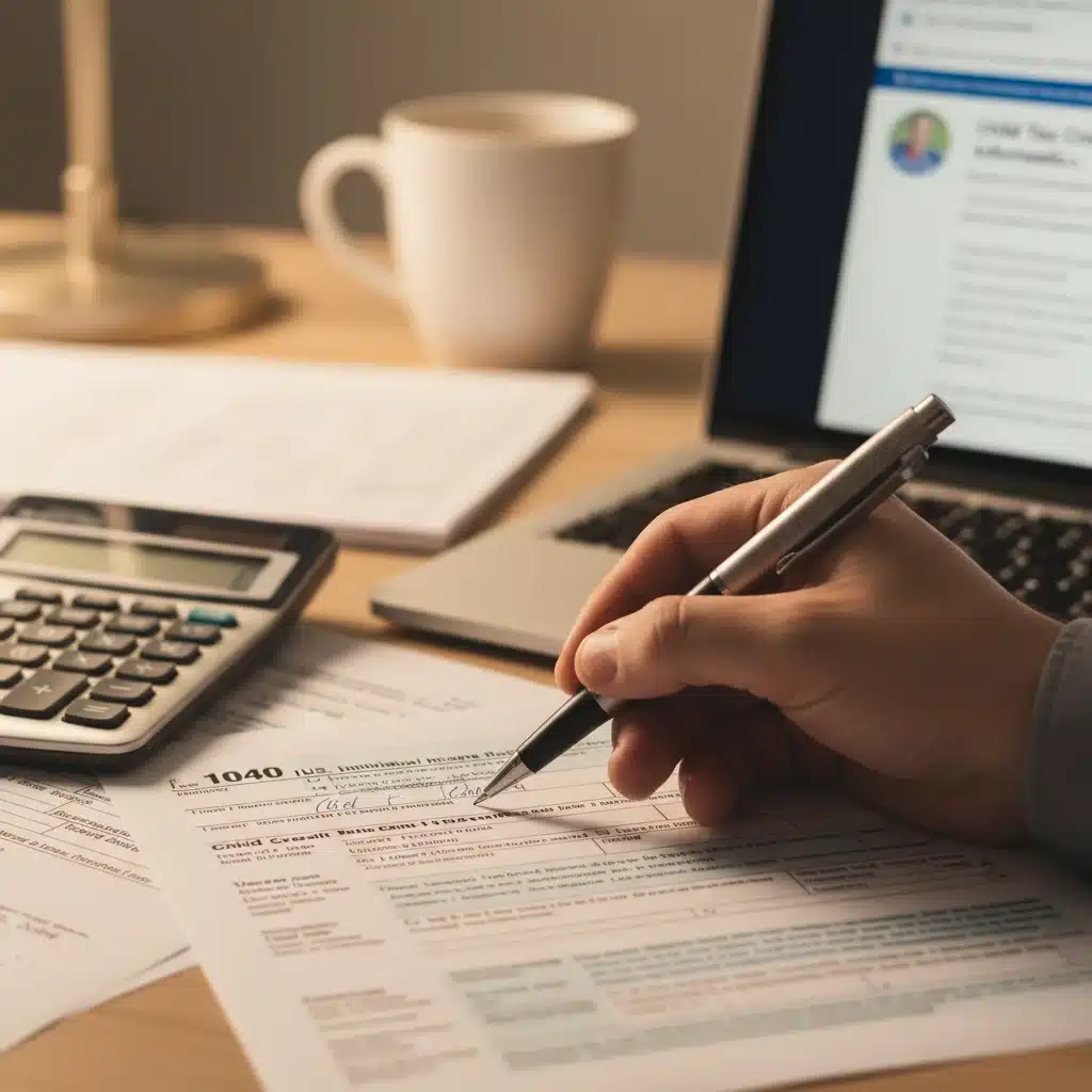 Person preparing tax forms to claim Child Tax Credit, with calculator and laptop.