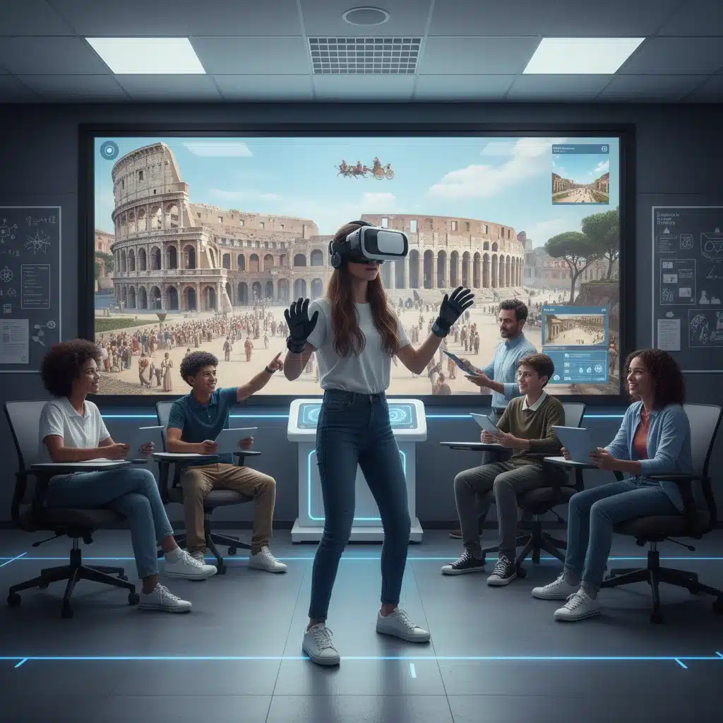 Student using VR headset for immersive learning experience in a classroom.