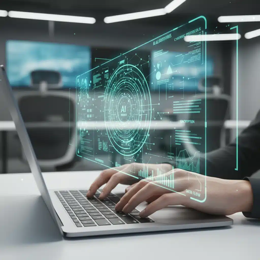 Hands typing on laptop with AI and cybersecurity data