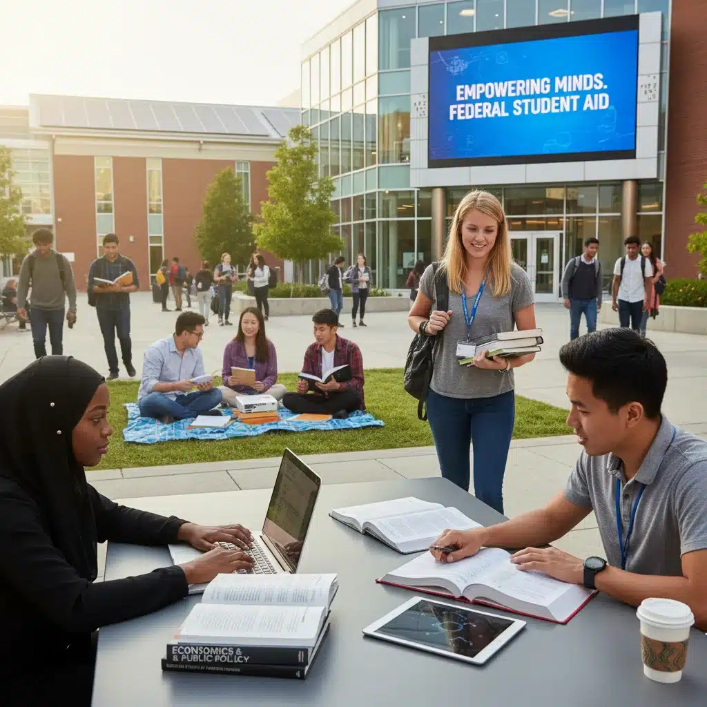 Diverse college students studying on campus, representing beneficiaries of federal student aid.