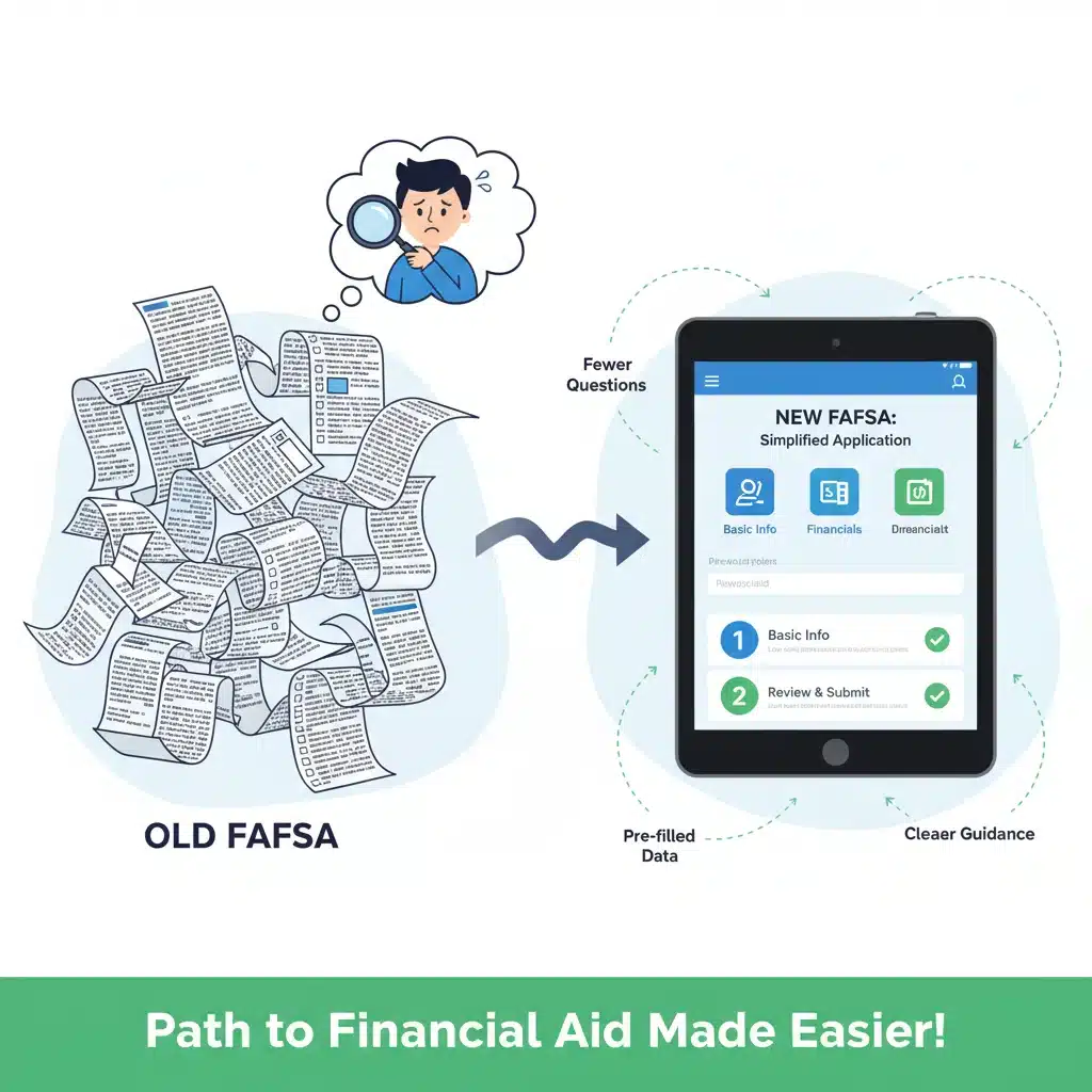 Infographic showing the FAFSA simplification process, from complex form to streamlined digital interface.