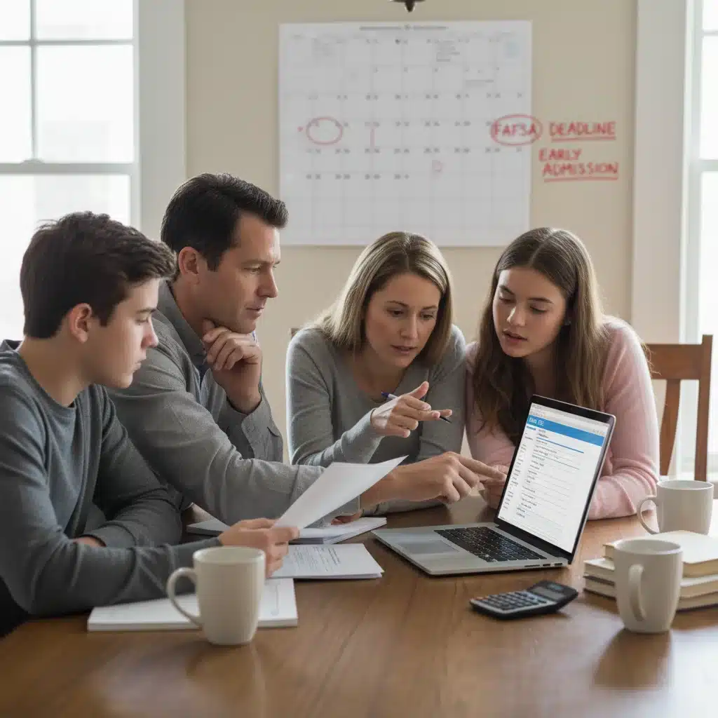 Family reviewing FAFSA application on laptop, discussing college financial aid planning.